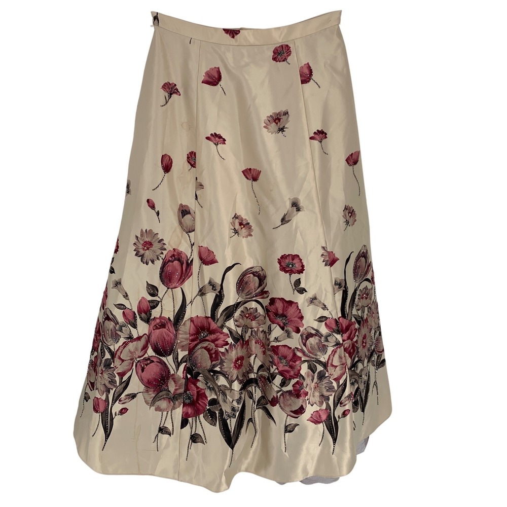 Floral Beaded Full Maxi Skirt Tulle Lined Champagne Albert Makali Size 6